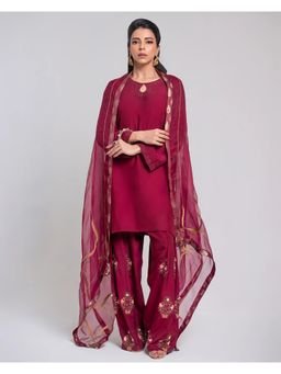 Khushboo & Pankaj - Maroon Luxe Embroidered Farshi Kurta with Pant and Dupatta
