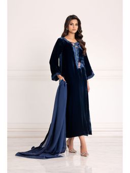 Khushboo & Pankaj - Midnight Blue Luxe Velvet Straight Kurta with Pant and Dupatta
