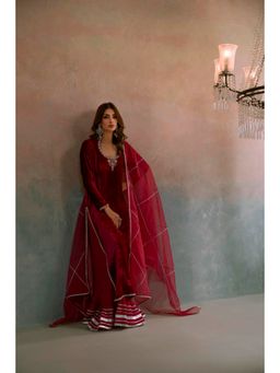 Khushboo & Pankaj - Red Ruby Velvet Luxe Kurta with Sharara and Dupatta