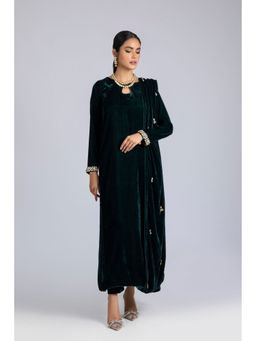 Khushboo & Pankaj - Green Velvet Drape-Detail Kurta with Pant and Dupatta