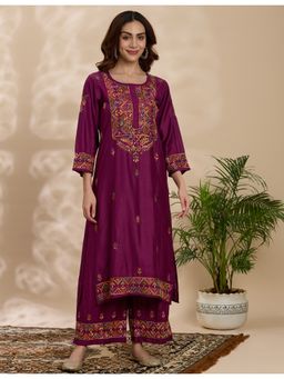 THREZO - Chikankari Chanderi Women's Straight Kurta - Purple