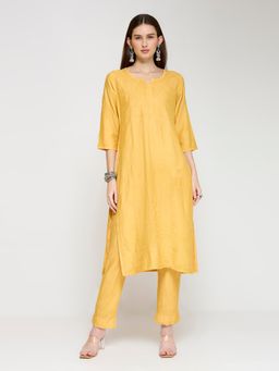 THREZO - Chanderi Chikankari Kurta - Mustard