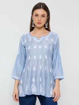 THREZO - Chanderi Chikankari Women's Short Kurta - Blue