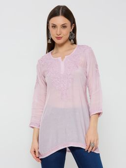 THREZO - Chanderi Chikankari Women's Short Kurta - Pink