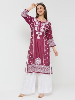 THREZO - Chanderi Chikankari Women's Long Kurta - Maroon