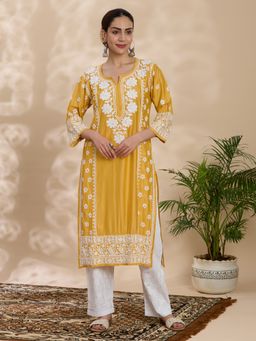 THREZO - Chanderi Chikankari Women's Long Kurta - Mustard