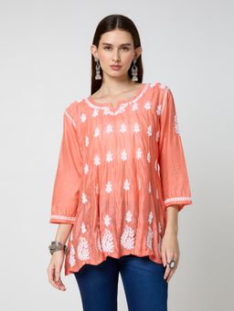 THREZO - Chanderi Chikankari Women's Short Kurta - Orange