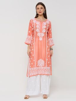 THREZO - Chanderi Chikankari Women's Long Kurta - Peach