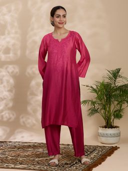 THREZO - Chanderi Chikankari Women's Kurta- Wine