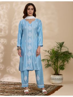 THREZO - Floral Embroidered Chikankari Kurta With Pant And Dupatta - Blue