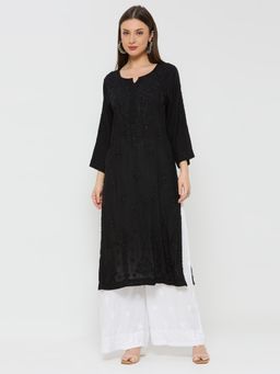 THREZO - Modal Straight Women Chikankari Kurta - Black