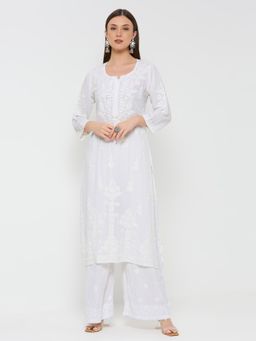 THREZO - Fenal Chikankari Modal Straight Kurta - White