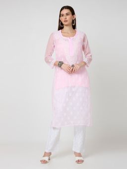 THREZO - Georgette Chikankari Long Kurta With Slip - Pink