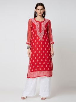 THREZO - Georgette Chikankari Long Kurta With Slip - Red
