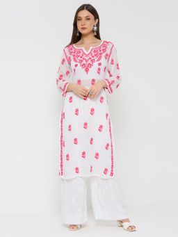 THREZO - White Hayat Chikankari Kota Straight Kurta With Inner