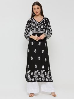 THREZO - Kashish Chikankari Modal Straight Kurta - Black
