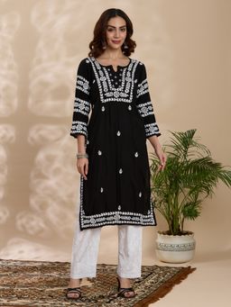 THREZO - Rayon Chikankari Women's Long Kurta - Black