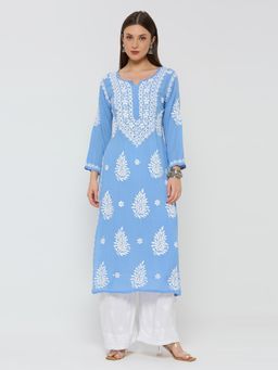 THREZO - Modal Chikankari Women's Long Kurta - Blue