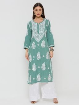 THREZO - Modal Chikankari Women's Long Kurta - Green