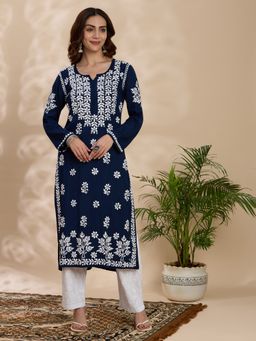 THREZO - Rayon Chikankari Women's Long Kurta - Navy Blue
