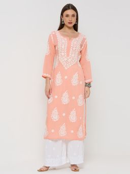THREZO - Modal Chikankari Women's Long Kurta - Peach