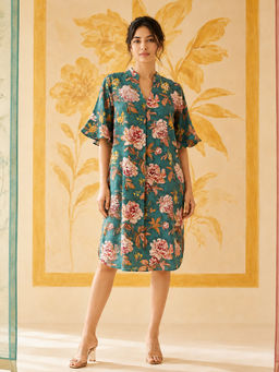 Spring Soul - Teal Floral Sequin Embroidered Cotton Dress
