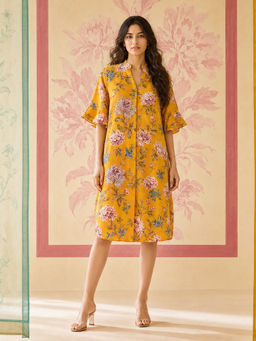 Spring Soul - Yellow Floral Sequin Embroidered Cotton Dress