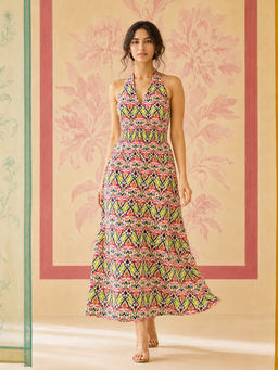 Spring Soul - Multi-Colour Multi-coloured Ikat Halter Neck Dress