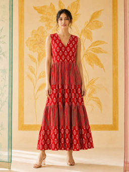 Spring Soul - Red Cotton Tiered Dress