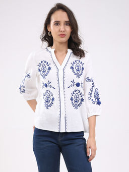 Global Republic - White Cotton Embroidered Mandarin Collar Shirt For Women