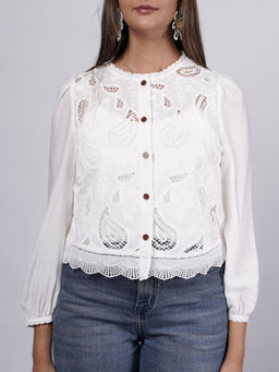 French Theory - Gen Z Aesthetics White Embroidered Lace Button-Down Shirt