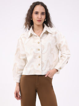 Global Republic - Beige Linen Blend Abstract Print Spread Collar Shirt For Women