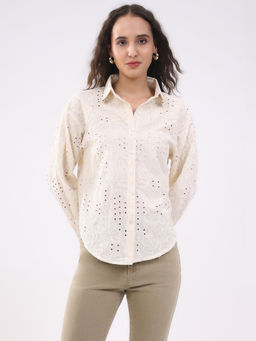 Global Republic - Beige Cotton Embroidered Spread Collar Shirt For Women