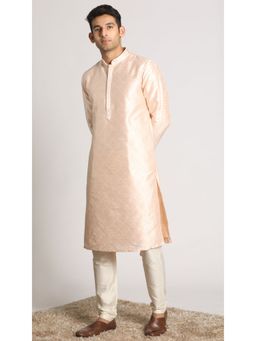 Manyavar - Art Silk Pink All Over Self Design Mandarin Collar Kurta with Pencil Pajama (Set of 2)