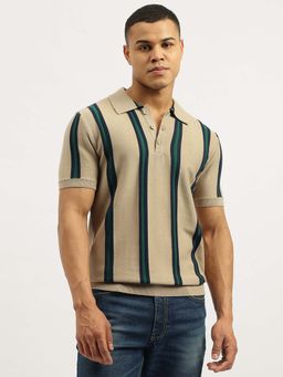 United Colors of Benetton - Men Stripes Tan Collar Neck Polo T-Shirt