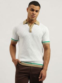 United Colors of Benetton - Men Self Design White Collar Neck Polo T-Shirt