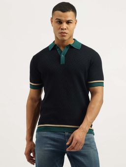 United Colors of Benetton - Men Self Design Black Collar Neck Polo T-Shirt
