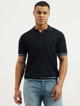 United Colors of Benetton - Men Textured Black Collar Neck Polo T-Shirt