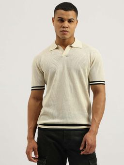 United Colors of Benetton - Men Textured Cream Collar Neck Polo T-Shirt