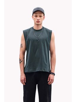 Snitch - Dark Green Solid Sleeveless Regular Casual T-Shirt for Men