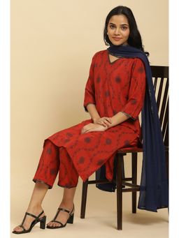 W - Red Floral Kurta with Straight Pants & Dupatta (Set of 3)