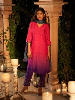 W - Pink Ikat Kurta with Straight Pants & Dupatta (Set of 3)