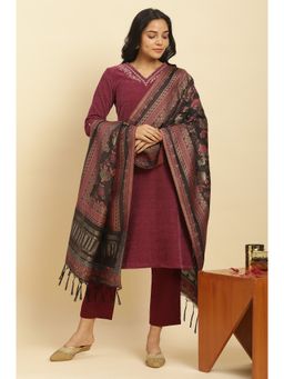 W - Maroon Kurta with Straight Pants & Dupatta (Set of 3)