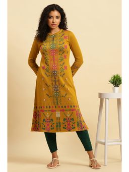 W - Yellow Self Design Kurta & Tight (Set of 2)