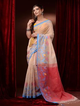 CHARUKRITI - Beige Cotton Handspun Polka Buttas and Floral Borders Saree with Unstitched Blouse