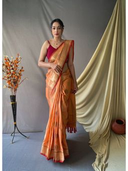 EXCLUSIVA - Orange Woven Cotton Saree with Unstitched Blouse