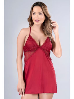 Herryqeal - Women Maroon Floral Lace Lingerie One Piece Teddy Babydoll with Thong (Set of 2)