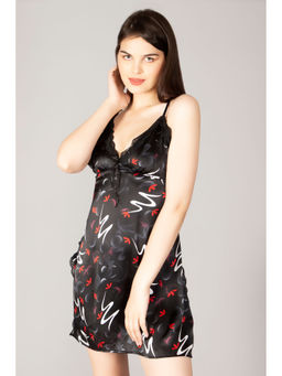 Herryqeal - Women Lingerie Satin Lace Babydoll Silk Sleepwear Side Slit Nightwear (Set of 2)