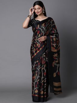Akhilam - Womens Jute Cotton Black Printed Celebrity Saree with Unstitched Blouse