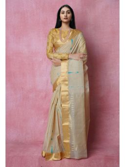 Unnati Silks - Beige Pure Handloom Tusshar Jamdani Bengal Cotton Saree